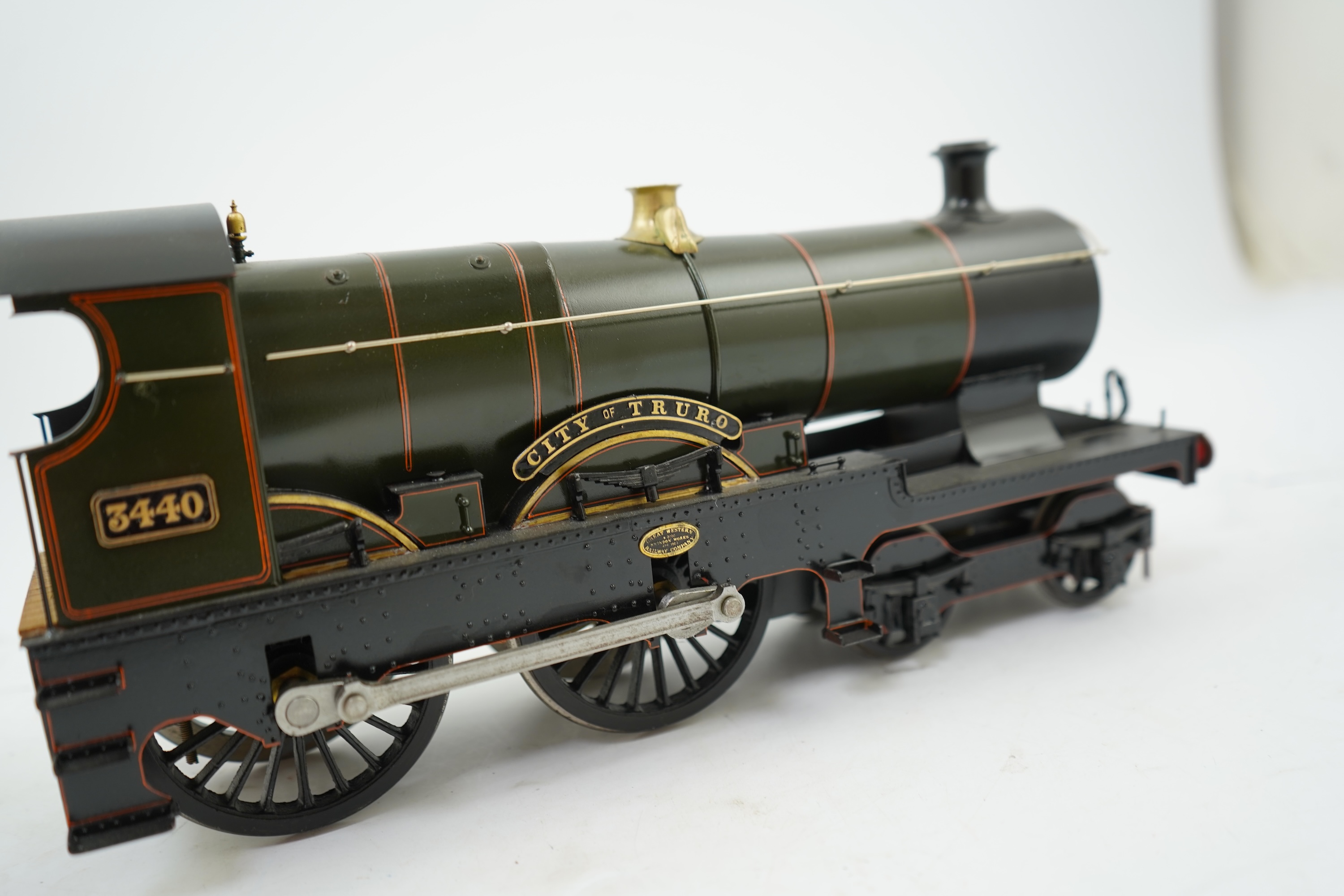 A Gauge One Cherry Scale Models (No. 60) model of GWR Class 37xx City of Truro 3440, 4-4-0 tender locomotive, powered for two rail operation.